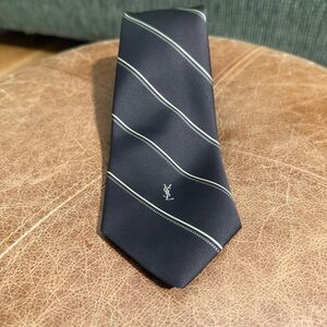 Vintage Yves Saint Laurent Silk Tie – Brown Stripe – YSL Logo – New York Paris